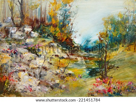 Forest landscape with stones, oil painting                               