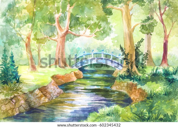 水彩の森の風景 川を渡る橋 自然を歩きなさい 晴れた日 背景 壁紙 カバーのイラスト 旅行 ピクニック用のヨガ 瞑想 風水のプリント ポスター のイラスト素材