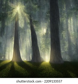 Forest In Light Of Fading Sun, Misty Air. 3D Illustration