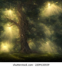 Forest In Light Of Fading Sun, Misty Air. 3D Illustration