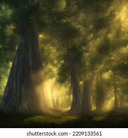 Forest In Light Of Fading Sun, Misty Air. 3D Illustration