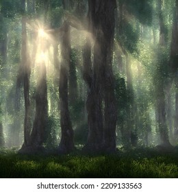 Forest In Light Of Fading Sun, Misty Air. 3D Illustration