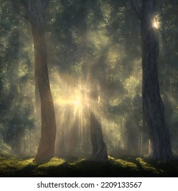 Forest In Light Of Fading Sun, Misty Air. 3D Illustration