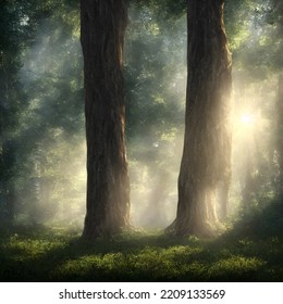 Forest In Light Of Fading Sun, Misty Air. 3D Illustration