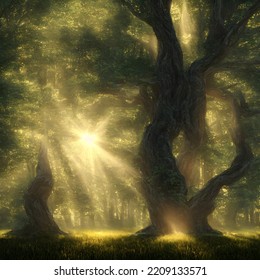 Forest In Light Of Fading Sun, Misty Air. 3D Illustration