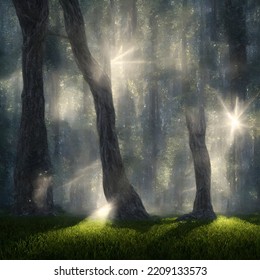 Forest In Light Of Fading Sun, Misty Air. 3D Illustration