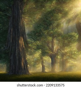 Forest In Light Of Fading Sun, Misty Air. 3D Illustration