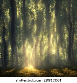 Forest In Light Of Fading Sun, Misty Air. 3D Illustration