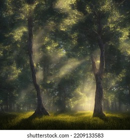 Forest In Light Of Fading Sun, Misty Air. 3D Illustration