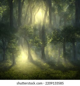 Forest In Light Of Fading Sun, Misty Air. 3D Illustration