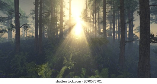 Forest In The Morning In A Fog In The Sun, Trees In A Haze Of Light, Glowing Fog Among The Trees, 3D Rendering