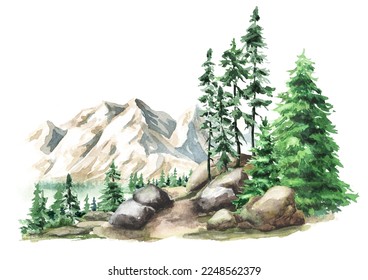 Forest and mountains landscape. Path between rocks and firtrees, Hand drawn watercolor illustration  isolated on white background - Powered by Shutterstock