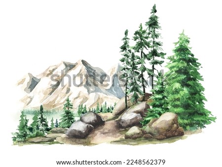 Forest and mountains landscape. Path between rocks and firtrees, Hand drawn watercolor illustration  isolated on white background
