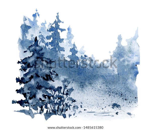 森 自然の風景 水彩画の手描きの木 スケッチ風景 白い背景に青のイラスト 観光や屋外のデザインに最適 のイラスト素材