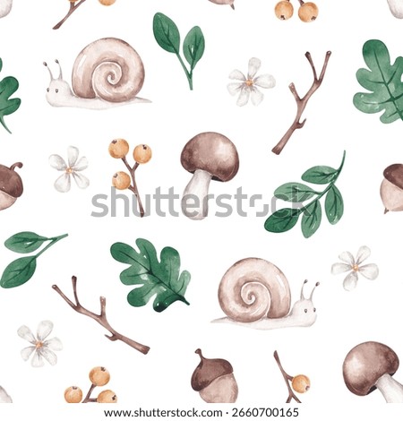 Forest nature seamless pattern hand drawn with watercolor. Cute forest plants and snails. Gender neutral pattern. For kid textile, fabric, clothing, cards, wallpaper