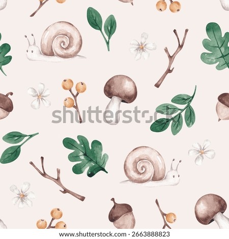 Forest nature seamless pattern hand drawn with watercolor. Cute forest plants and snails. Gender neutral pattern. For kid textile, fabric, clothing, cards, wallpaper