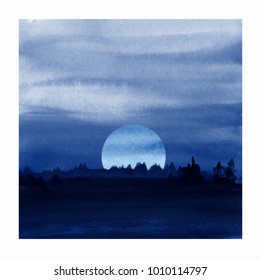 Forest and night sky with moon. Watercolor landscape