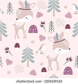 Forest Pattern With Baby Deers. Forest Animals. Cartoon Baby Deer.
