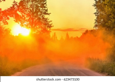 Forest road at sunset time