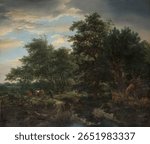 Forest scene (1653) by Jacob Isaacksz van Ruisdael. Vintage nature landscape painting artwork, old illustration of nature landscape, vintage nature landscape artwork.