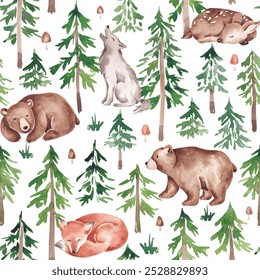 Forest seamless pattern hand drawn with watercolor. Woodland digital paper. Wild animals and pine trees background for wrapping paper, scrapbook paper, fabric paper