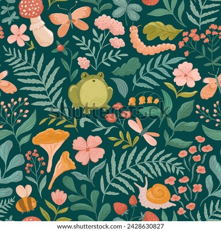 Forest seamless pattern in hand drawn style. Tropical fern leaves, insects and frog. Cute life in fern. Stylish illustrated botanical seamless pattern design for fabric