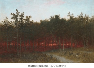 Forest at sunset, with a glowing sunset casting warm light. Sunset colors illuminate the forest, creating a serene scene. Vintage landscape artwork, old illustration, vintage landscape art print.