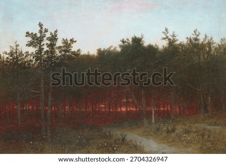 Forest at sunset, with a glowing sunset casting warm light. Sunset colors illuminate the forest, creating a serene scene. Vintage landscape artwork, old illustration, vintage landscape art print.