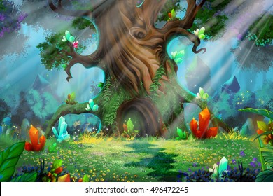 Forest Treasure. Video Game's Digital CG Artwork, Concept Illustration, Realistic Cartoon Style Background
