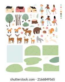 Forest Woodland Animals Clipart With Black Girls, Cute House Illustration, Tree, Vector Clip Art, Moose, Elk, Fox, Deer, Wolf, Hare, Rabbit, Hedgehog, Squirrel, Bear