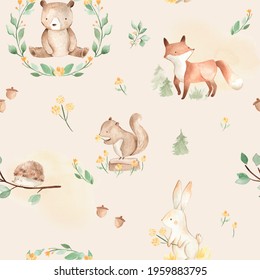 Forest woodland baby animals watercolor seamless pattern with bear, fox and rabbit