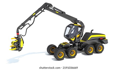 Forestry Harvester 3D Rendering Forest Machinery On White Background