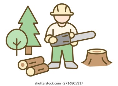 Forestry Worker Cutting Trees With Chainsaw In Sustainable Forest Management Concept For Lumber Industry, Environmental Conservation, Logging Safety, Wood Production And Natural Resource Work