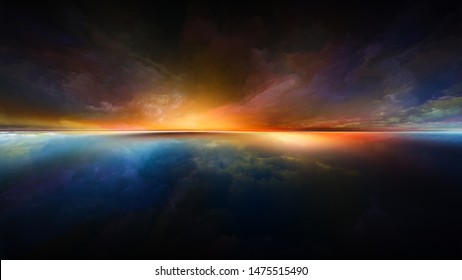 Forever skies. Perspective Paint series. Artistic abstraction composed of clouds, colors, lights and horizon line on the topic of illustration, painting, creativity and imagination