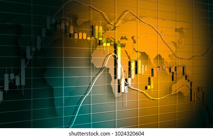 Forex candlestick pattern. Trading chart concept. Financial market chart. World map. 3D rendering