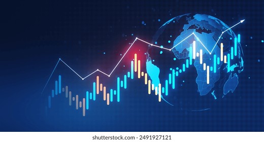 Forex trading chart with candlestick graph and upward trend line overlaid on a digital blue background. Concept of online financial growth and global currency exchange. 3D Rendering.