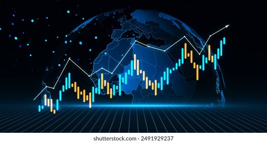 Forex trading chart with candlestick patterns and upward trend line on a digital globe background, representing global financial growth. 3D Rendering. - Powered by Shutterstock - Get 15% off with code: PIKWIZARD15