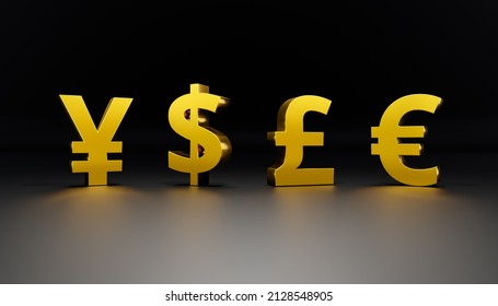 Forex Trading. EUR, USD, GBP And JPY Sign In Gold. Euro, US Dollar, British Pound And Japanese Yen Currency Symbol Glossy In Gold Metallic On A Dark Background. 3D Illustration