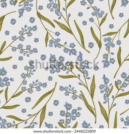 Forget-me-not floral seamless pattern. Delicate tiny blue watercolor flowers repeated background in soft neutral colors. Pretty elegant botanical illustration for bedding, nursery textile, fabrics