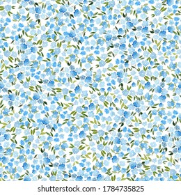 Forget-me-nots. Glade with small blue flowers. Watercolor seamless pattern with cute tiny flowers 