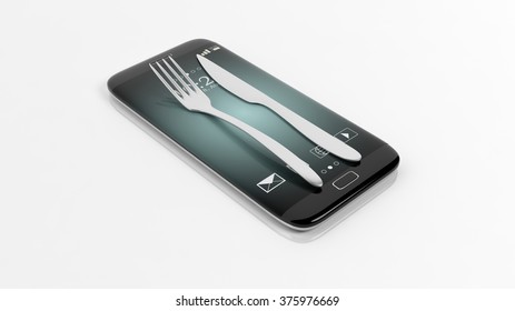 Fork and knife set on smartphone screen, isolated on white background.