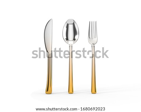 fork, knife and spoon set. 3d illustration of silver-gold kitchenware