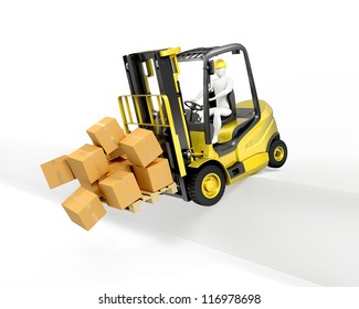 Fork Lift Truck Falling From Loading Dock, Isolated On White Background