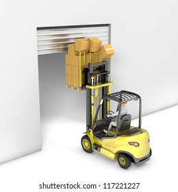 Fork lift truck with high load hits door, isolated on white background