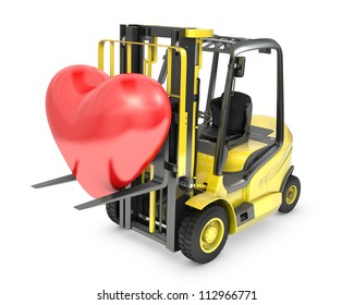 Fork Lift Truck Lifts Red Heart, Isolated On White Background