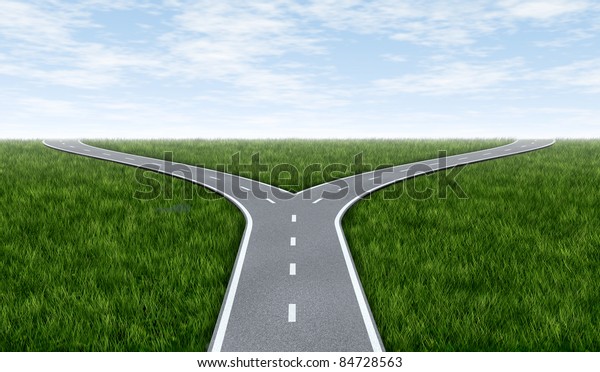 Fork in the road horizon with grass and blue sky\
showing a fork in the road representing the concept of a strategic\
dilemma choosing the right direction to go when facing two equal or\
similar options.