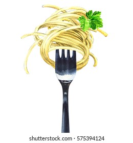 Fork With Spaghetti, Noodles, Pasta, Green Parsley, Isolated, Watercolor Illustration