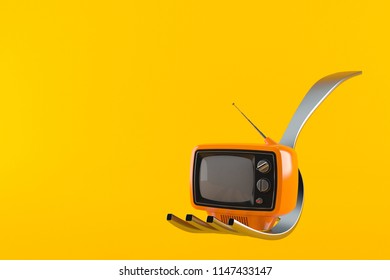 Fork with tv set isolated on orange background. 3d illustration