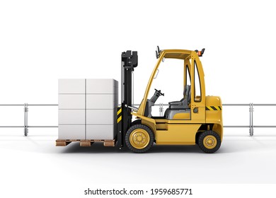 Forklift With Carton Boxes On Pallet Mockup. 3D Rendering.