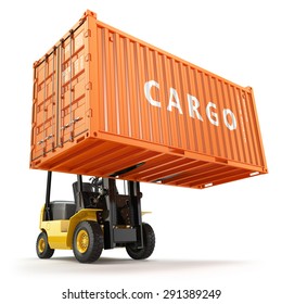 Forklift Handling The Cargo Shipping Container Box. 3d